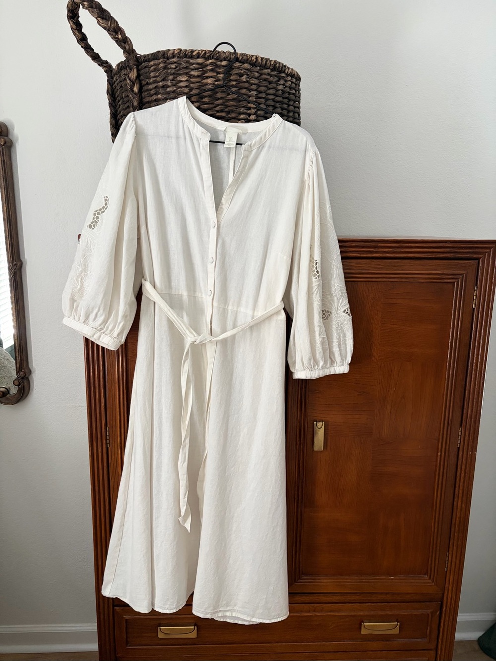 H&M White Midi Button-Front Tie-Waist Dress